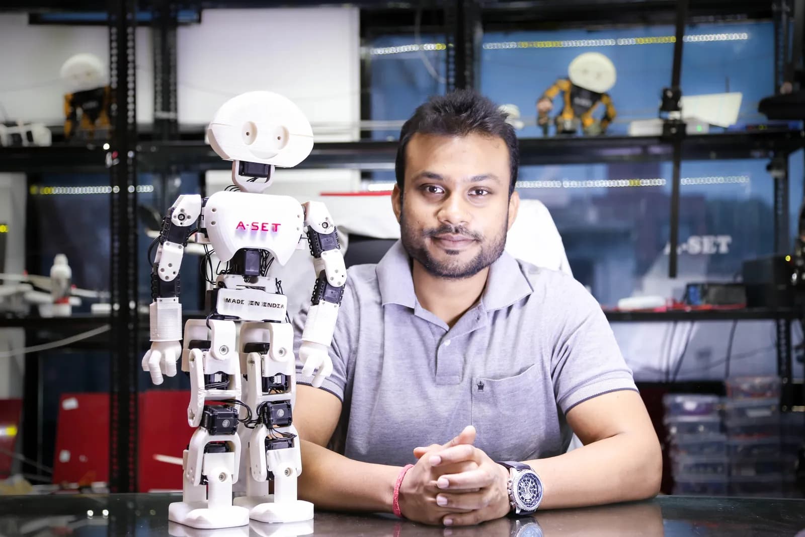 Diwakar Vaish with the MANAV robot at the A-SET Robotics Lab