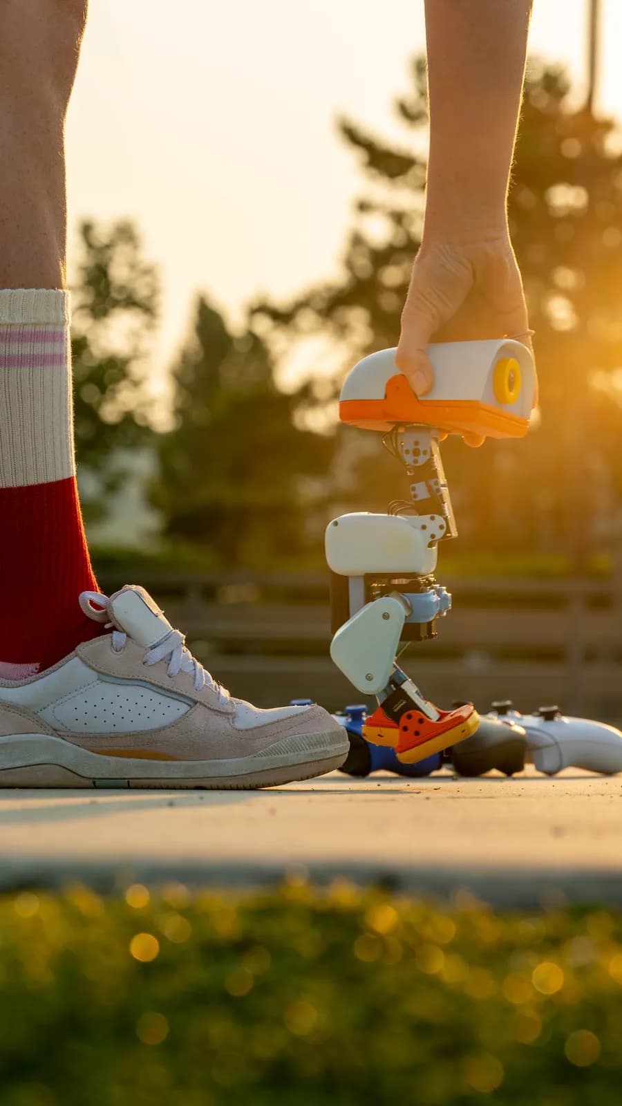 Microduck outdoors at golden hour beside a skater's shoe